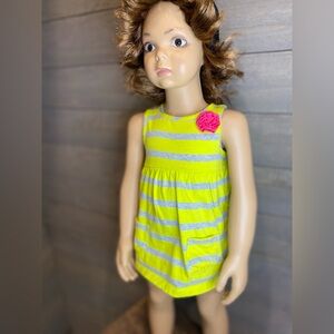 Carter’s Girls Yellow Gray Striped Dress Size 18 Months Sleeveless w/ Pink Flowe